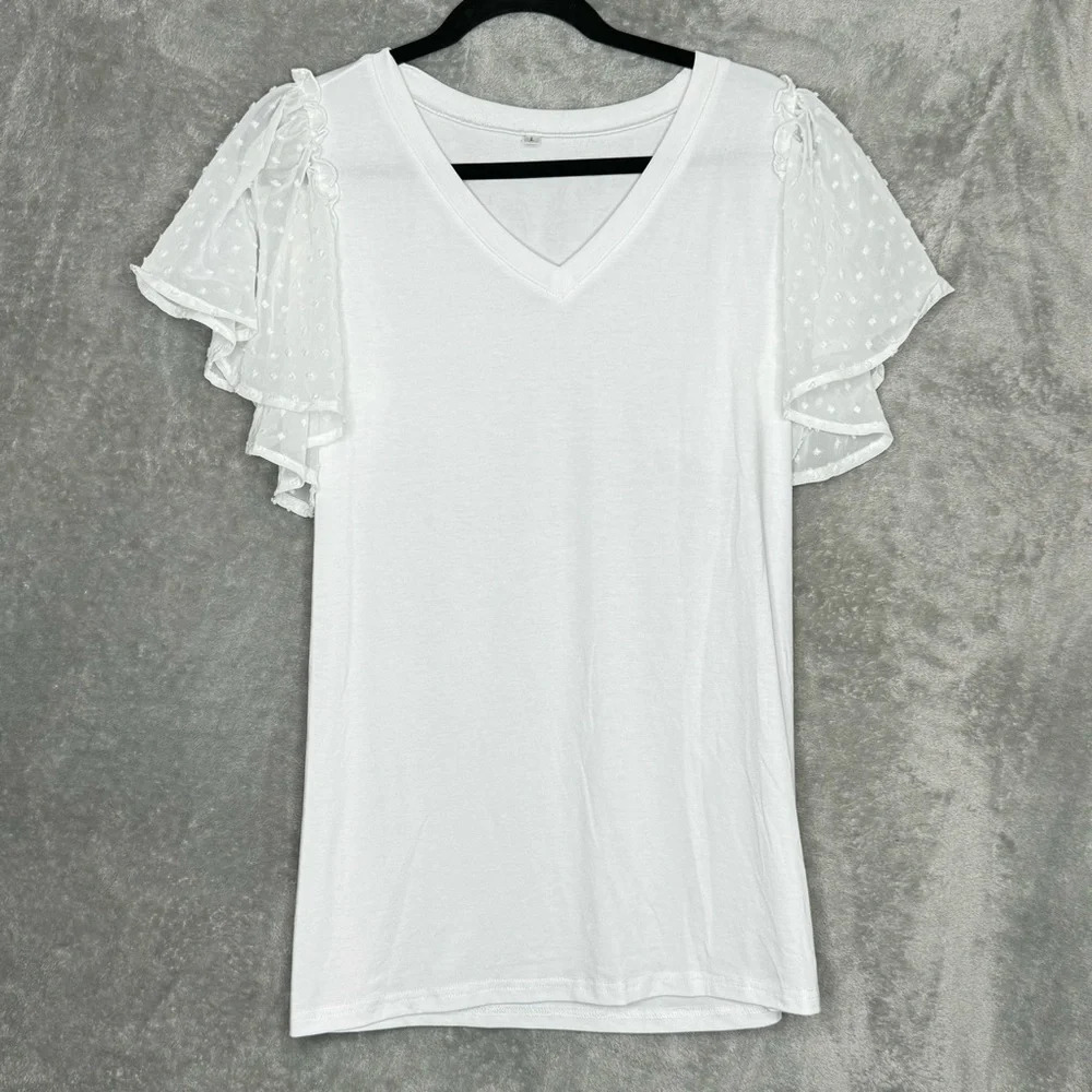 Amazon L Large Shirt Top White Solid Sheer Flutter Short Sleeve V Neck Stretch